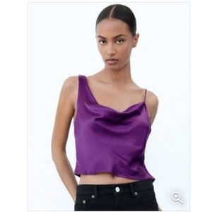 Zara Satin Asymmetrical Royal Purple Crop Top, Size XS, wrinkled but never worn